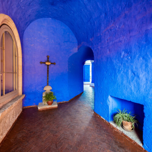 Blue walls of Santa Catalina Monastery in Arequipa, Peru